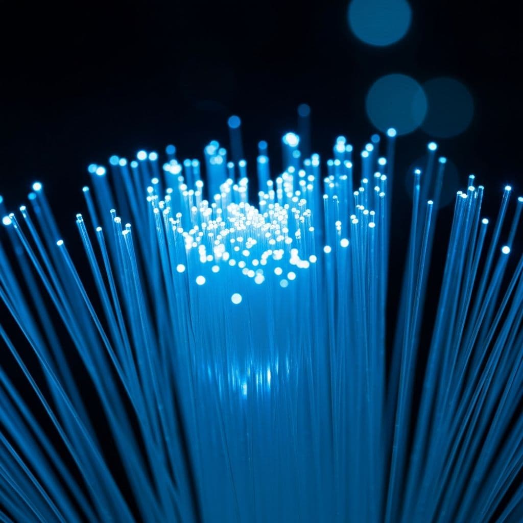 Fiber optic cables glowing with blue light
